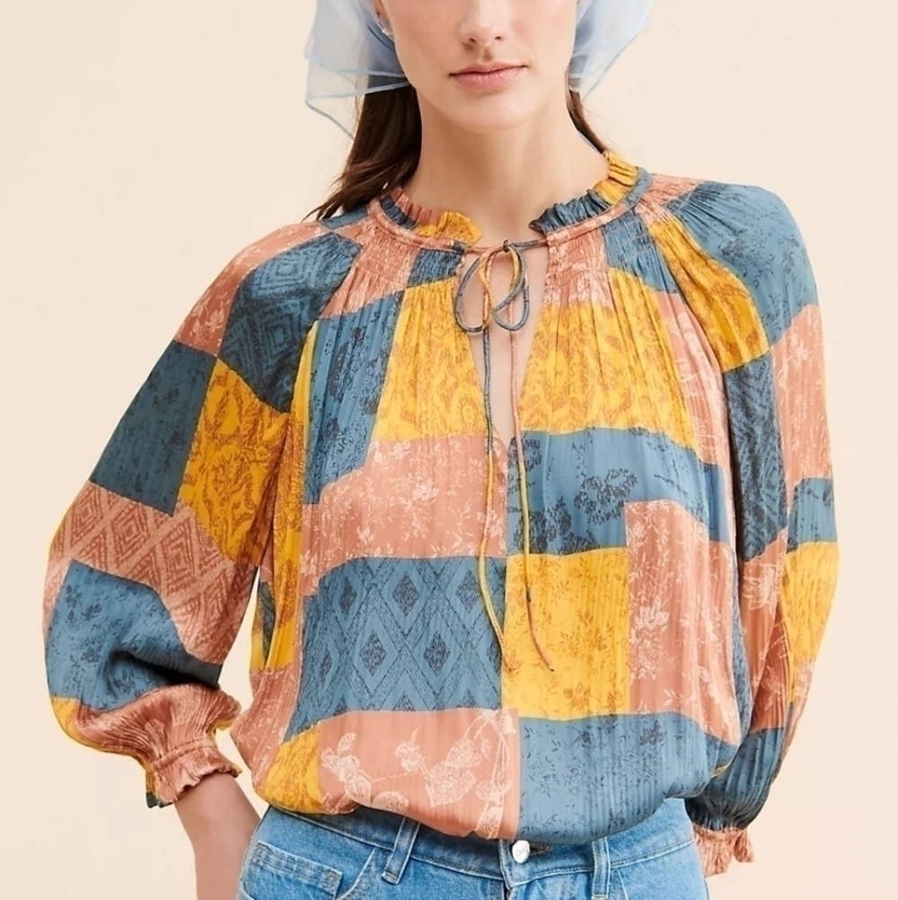 Anthropologie Current Air Patchwork Blouse Size Medium Yellow